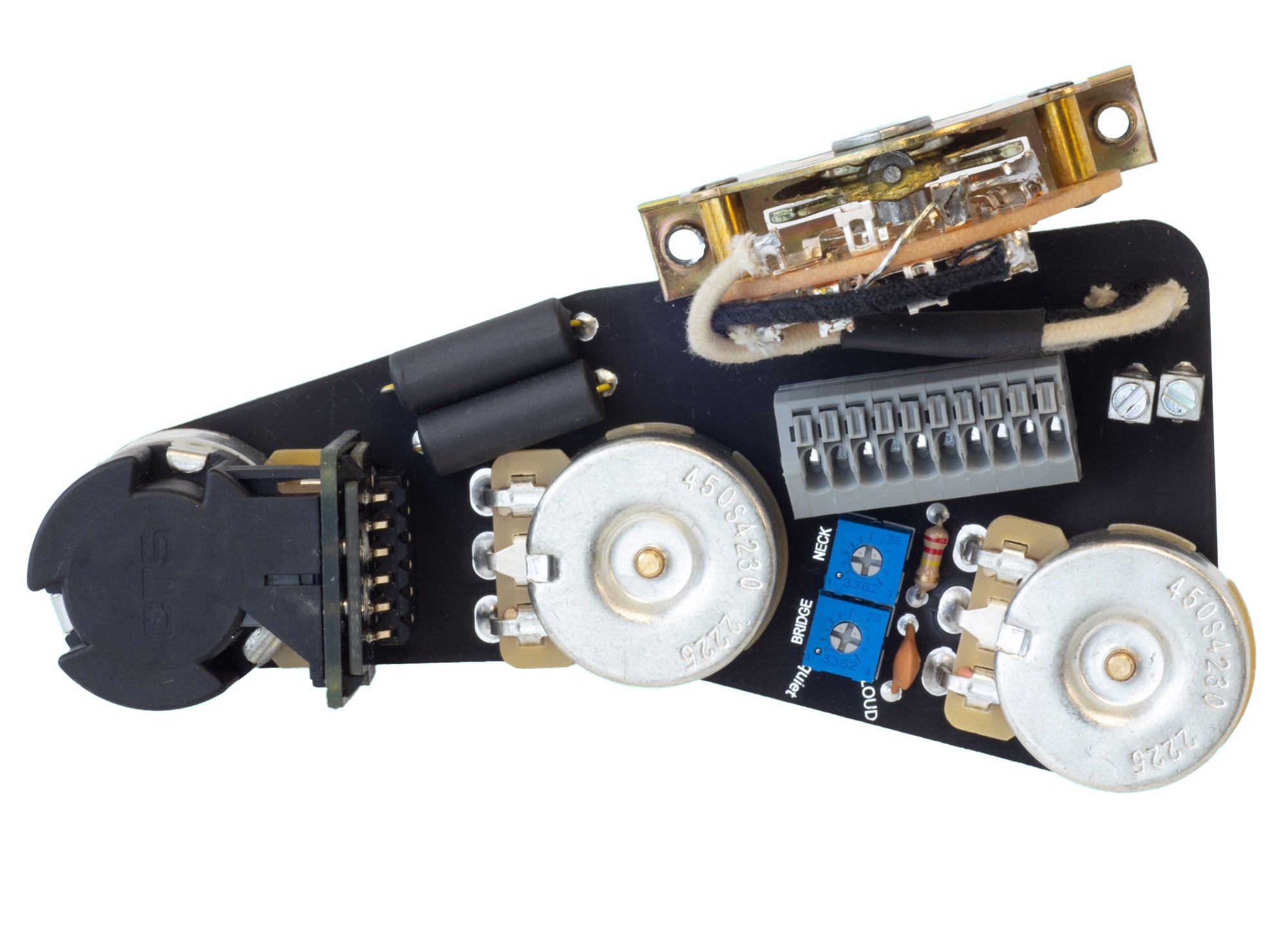 Top down view of the ObsidianWire HH wiring harness for Fender Stratocaster with tunable split coil & 6 way switching