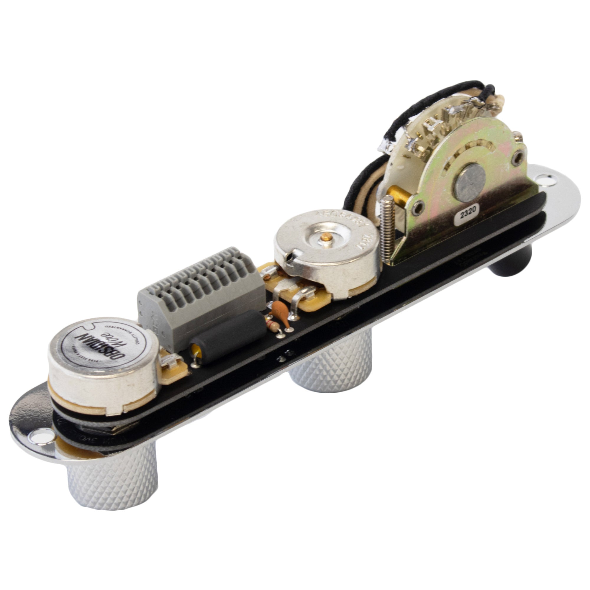 Bottom side view of a Telecaster loaded control plate with chrome knobs and an ObsidianWire telecaster wiring harness, showing the pots, switches and solderless connector. Set on a clear cut white background