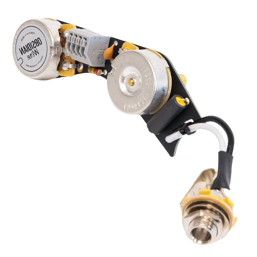 Left handed P-Bass wiring harness by Obsidianwire on a clear cut white background