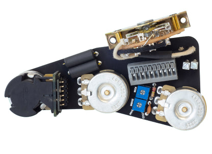 Top down view of the ObsidianWire HH wiring harness for Fender Stratocaster with tunable split coil &amp; 6 way switching