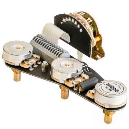 An ObsidianWire lefty Strat wiring harness on a clear cut white background.