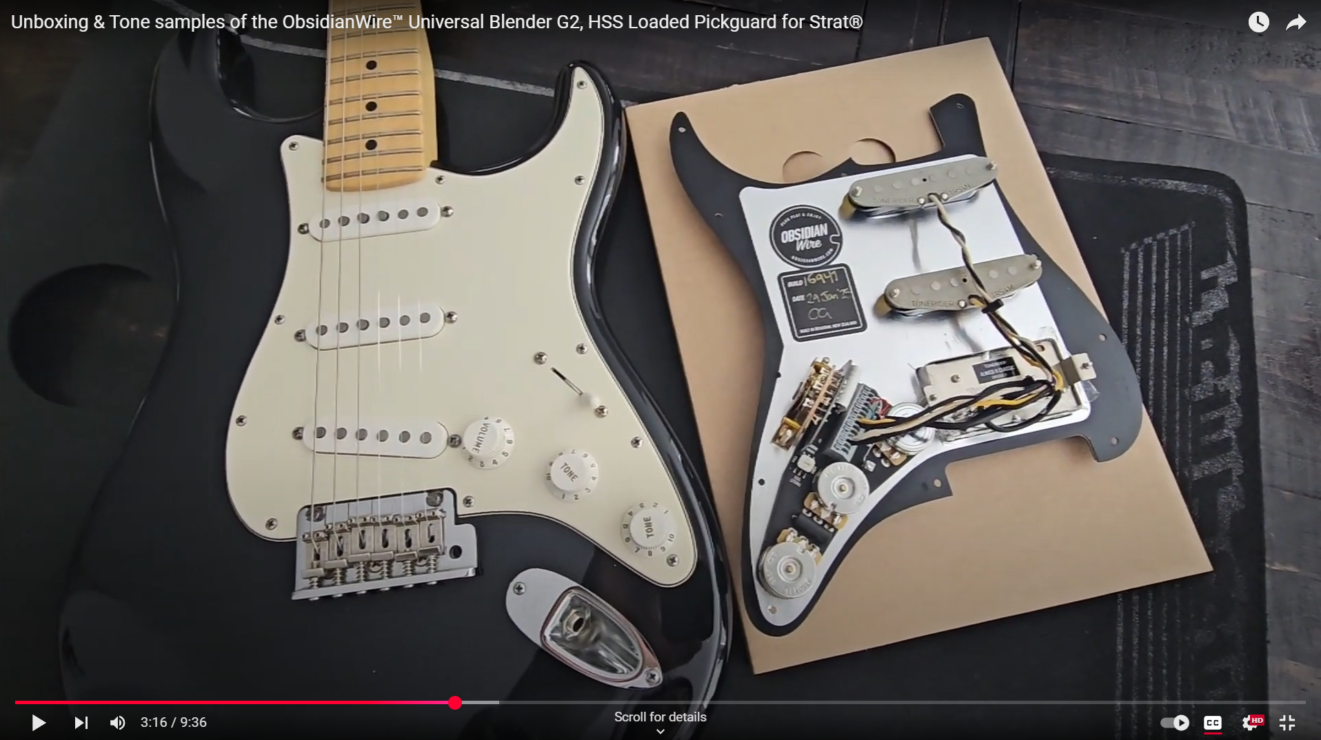 Laden Sie das Video: Unboxing des ObsidianWire Custom HSS Loaded Pickguard für Stratocaster