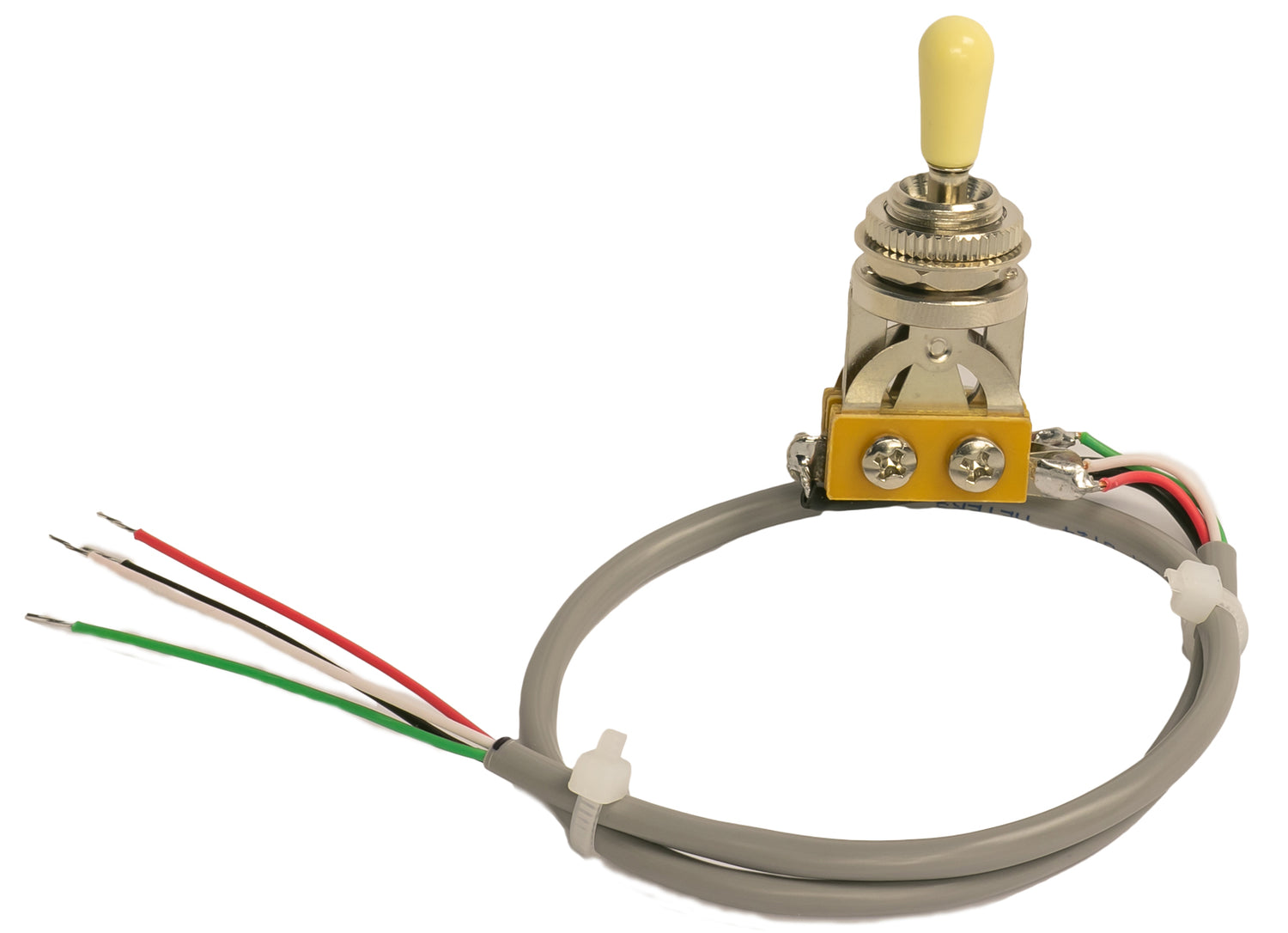 Prewired 3 way chrome toggle switch with a cream tip for Les Paul showing 4 conductor shielded wire